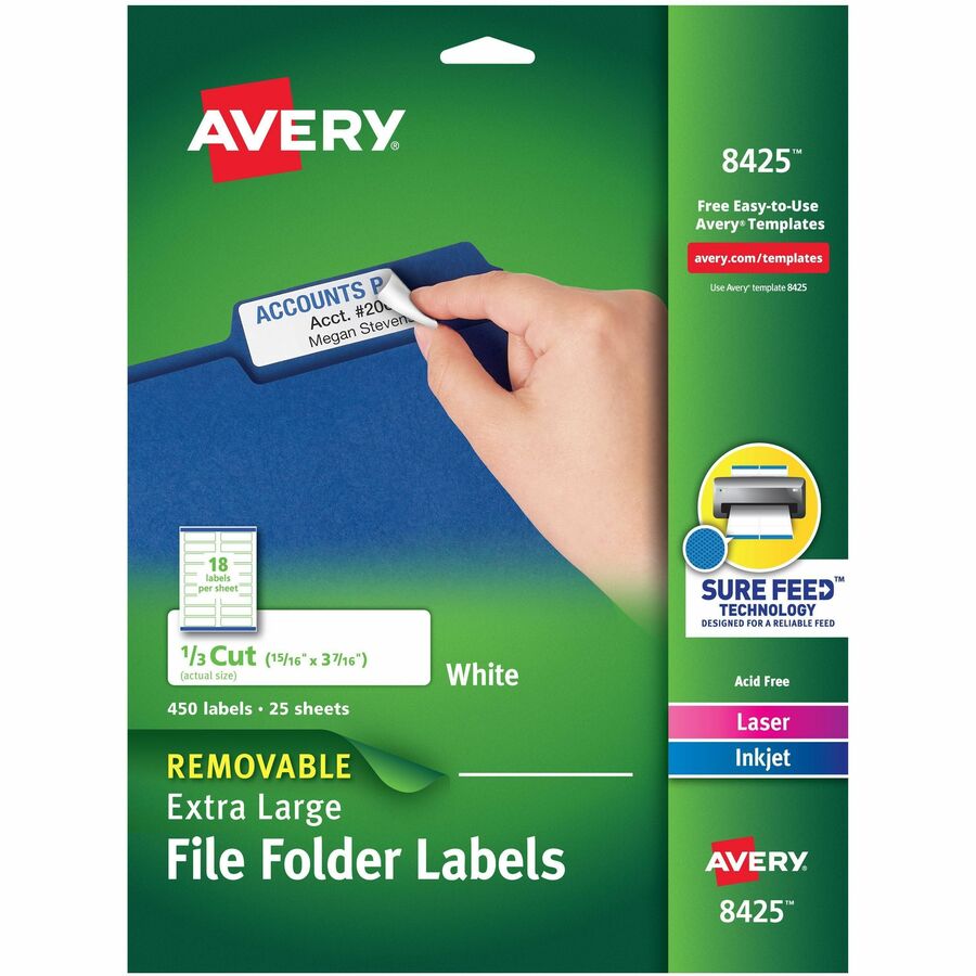 Avery®, Extra-large TrueBlock Filing Labels - 15/16" Width x 3 7/16" Length - Removable Adhesive - Rectangle - Inkjet, Laser - Matte - White - Paper - 18 / Sheet - 25 Total Sheets - 450 Total Label(s) - 450 / Pack