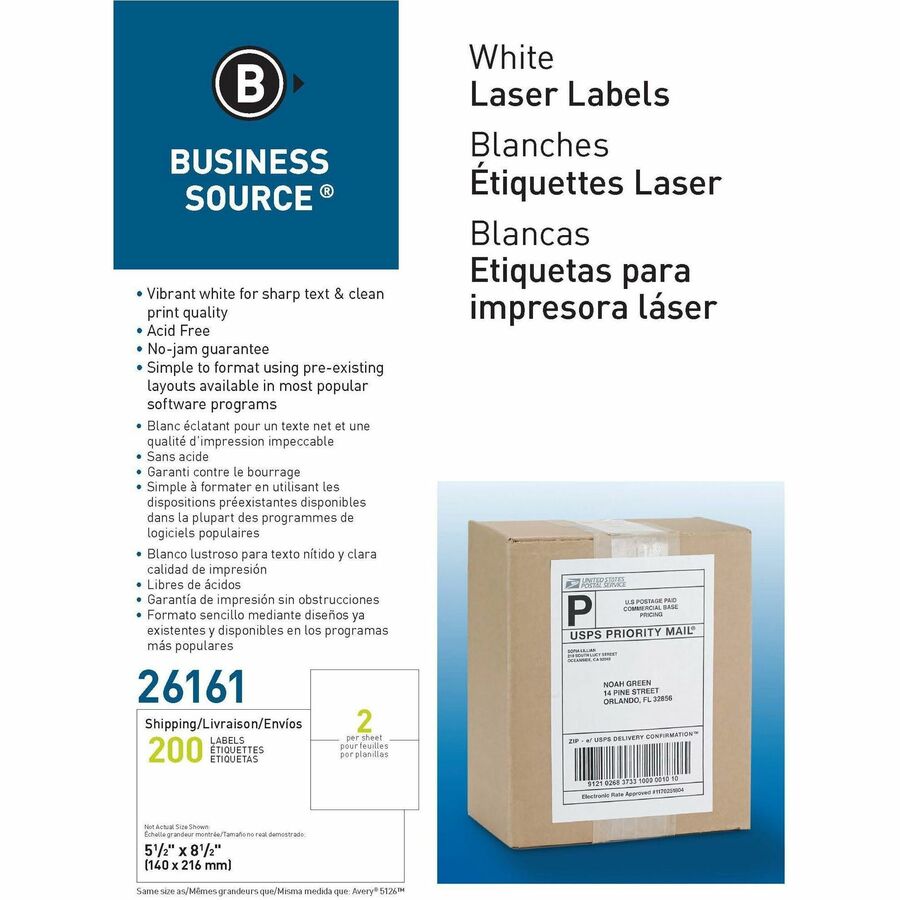Business Source Shipping Labels - 5 1/2" Width x 8 1/2" Length - Permanent Adhesive - Rectangle - Laser, Inkjet - White - 2 / Sheet - 100 Total Sheets - 1 Box