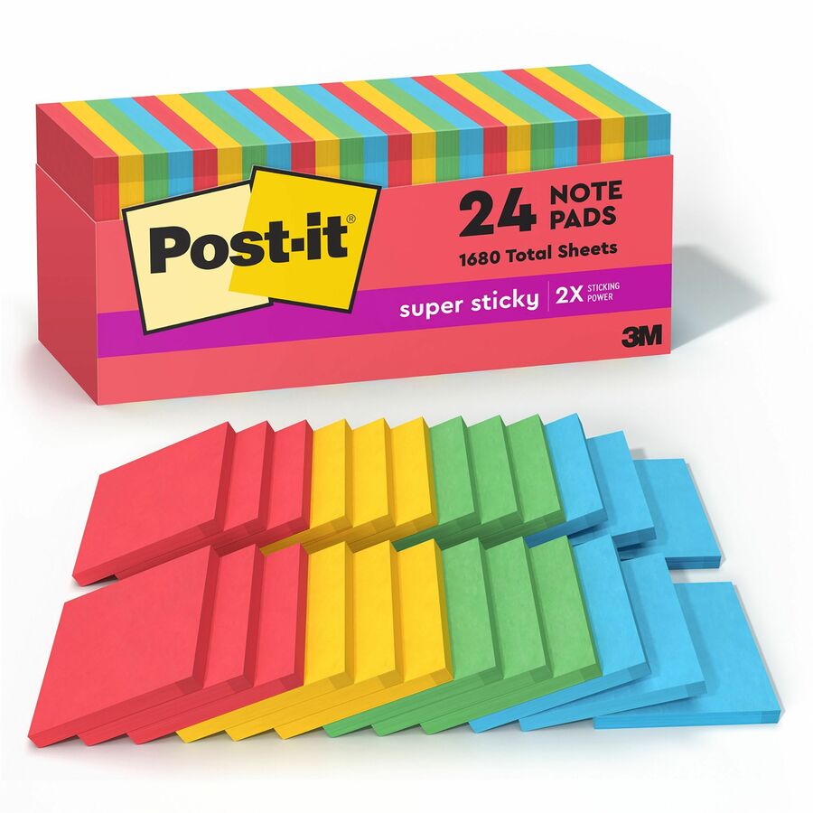 Post-it®, Super Sticky Notes Cabinet Pack - Playful Primaries Color Collection - 1680 x Electric Glow Assorted - 3" Flag/Note Width x 3" Flag/Note Length - Square - 70 Sheets per Pad - Unruled - Candy Apple Red, Sunnyside, Lucky Green, Blue Paradise...