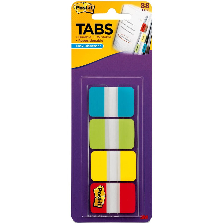 Post-it®, Tabs in On-the-Go Dispenser - 88 Write-on Tab(s) - 1.50" Tab Height x 1" Tab Width - Blue, Green, Yellow, Red Tab(s) - Repositionable - 1 Pack