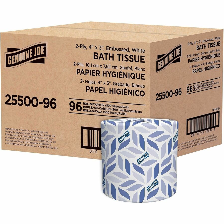 Genuine Joe 2-ply Standard Bath Tissue Rolls - 2 Ply - 4" Width x 3.20" Length - 500 Sheets/Roll - 1 5/8" Core - White - 96 / Carton