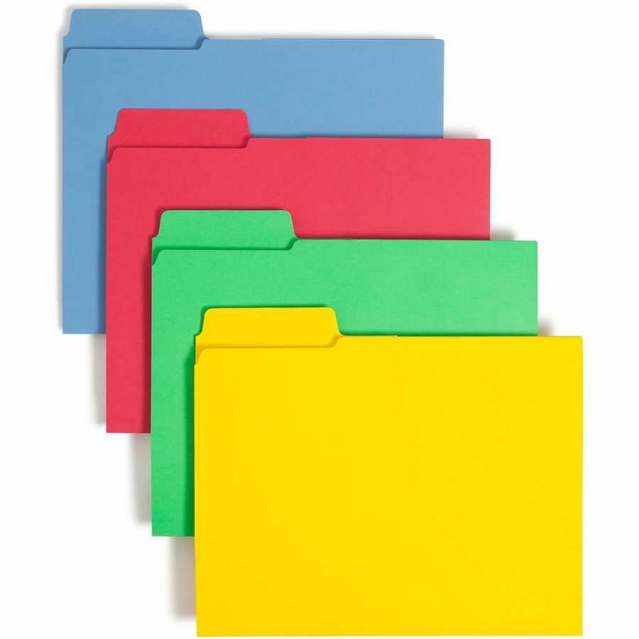 Smead SuperTab 1/3 Tab Cut Letter Top Tab File Folder - 8 1/2" x 11" - 3 Internal Pocket - 11 pt. - 1 Plys - Blue, Red, Green, Yellow - Flap - 10% Recycled - 12 / Pack
