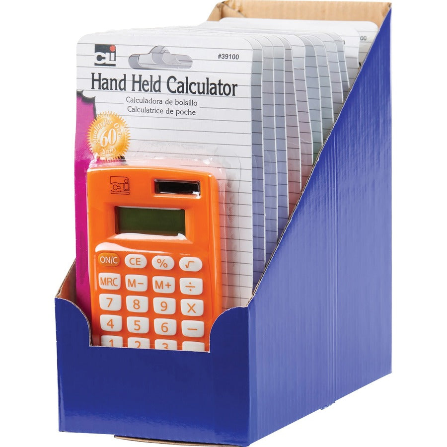 Charles Leonard 8-digit Hand Held Calculator - Dual Power, Non-slip Rubber Key - 8 Digits - Battery Powered - Assorted - 1 Display Box