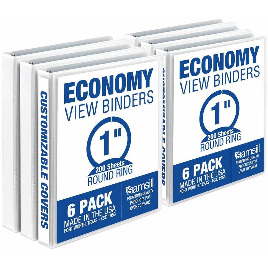 Samsill Economy View Binder - 1" Binder Capacity - 200 Sheet Capacity - 3 Ring - Fastener: Round Ring - Polypropylene, Chipboard, Plastic - White - 4.02 lb - Customizable Spine/Cover, Clear Overlay, Non-stick, Non-glare - 6 / Carton