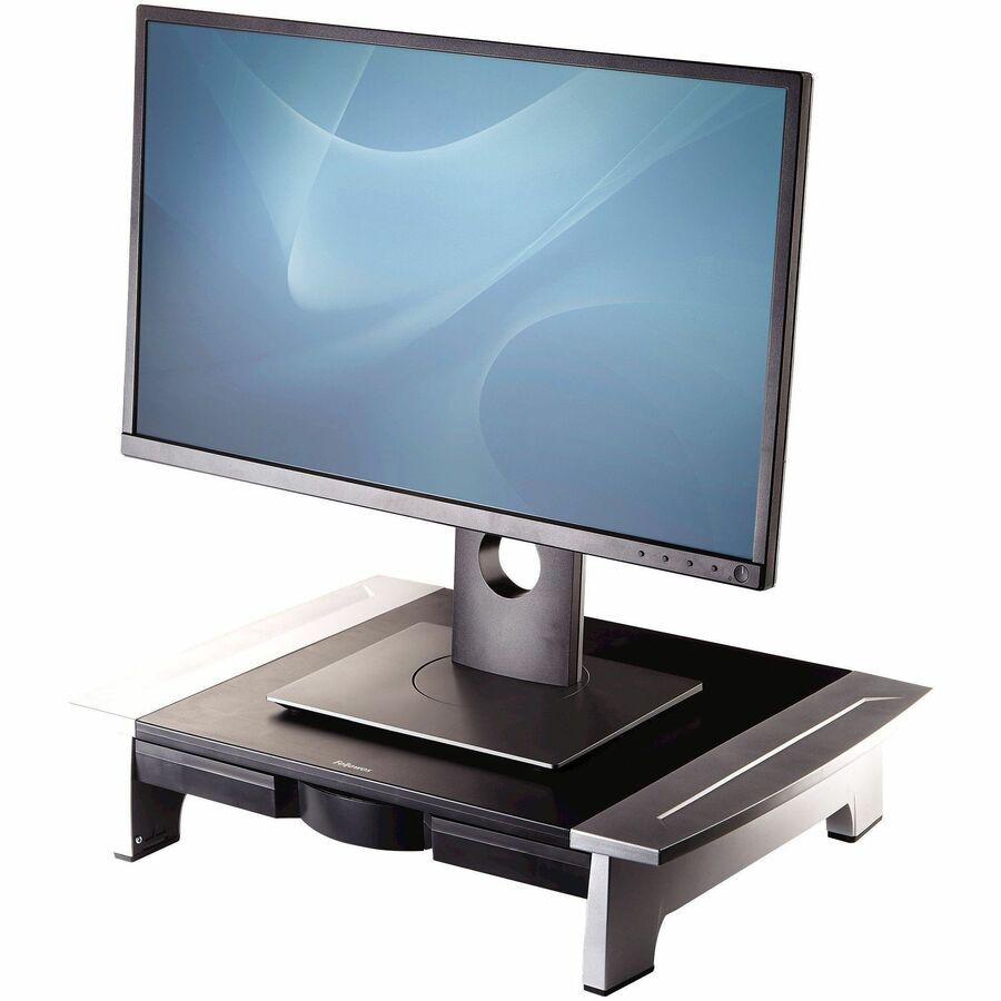 Fellowes Office Suites Monitor Riser - Up to 21" Screen Support - 80 lb Load Capacity - 4.50" Height x 20" Width x 14" Depth - Desktop - High Performance Steel (HPS) - Black, Silver - For Monitor, Notebook, Desktop - Rubber Feet, Scratch Resistant, Scu...