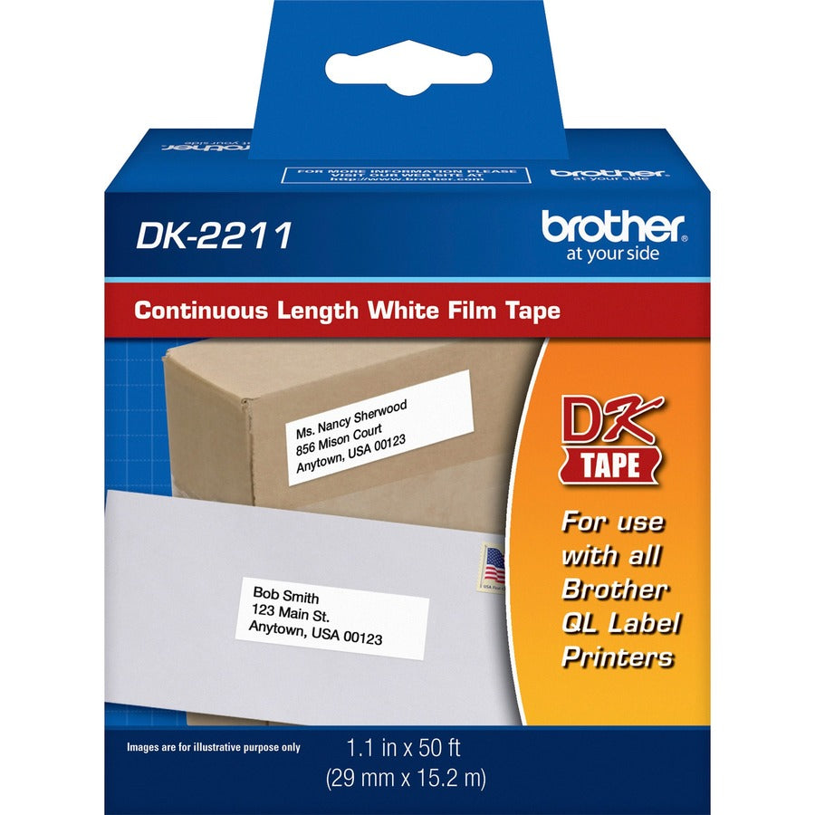 Brother Continuous Length White Film DK Tape - 1 9/64" Width x 50 ft Length - Removable Adhesive - Direct Thermal - White - 1 Roll