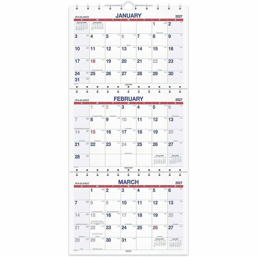 At-A-Glance Move-A-Page 3-Month Wall Calendar - Large - Julian Dates - Monthly - 14 Month - December 2026 to February 2028 - 12" x 27" Sheet Size - White Sheet - 1.19" x 1.63" Block - Wire Bound - White - Chipboard, Paper - 1 Each