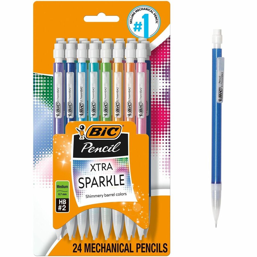 BIC Xtra Sparkle Mechanical Pencils - 0.7 mm Black Lead - #2 - Refillable - Blue Plastic, Green, Orange, Purple, Red Barrel - 24 / Pack
