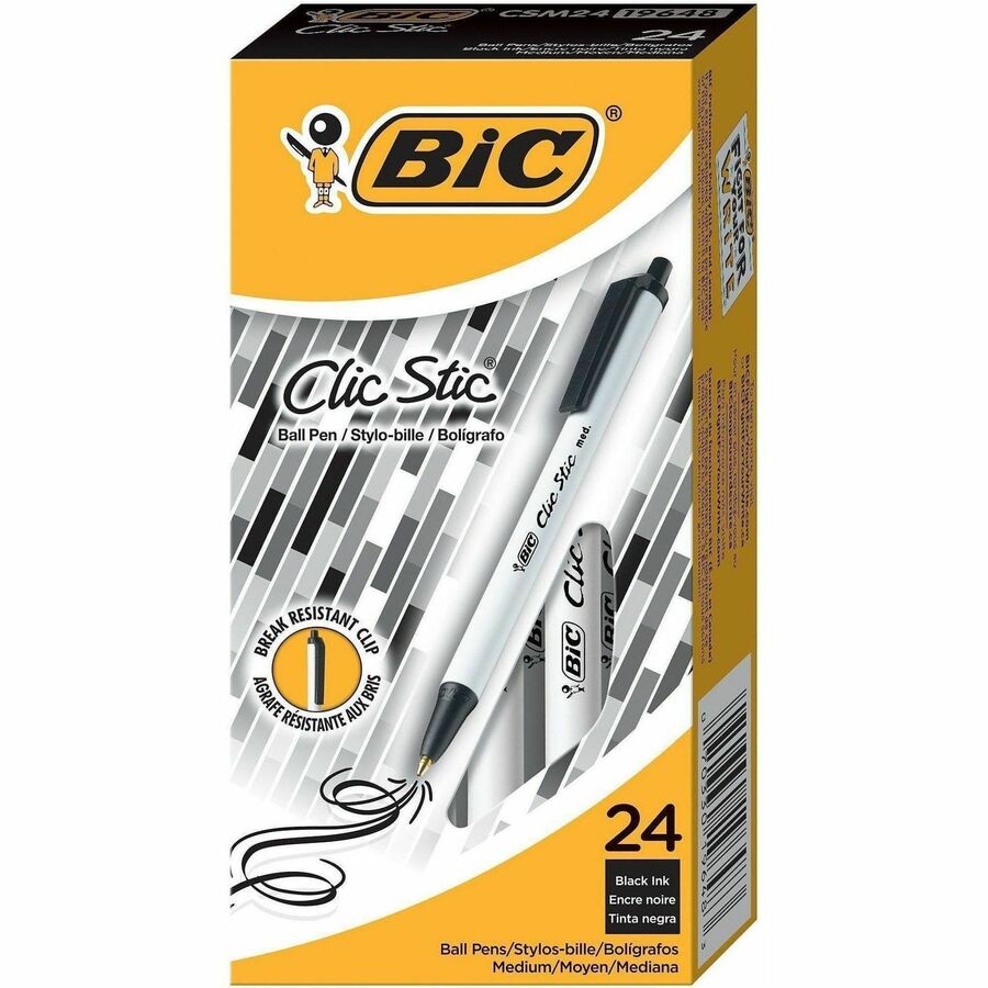 BIC Clic Stic Fashion Retractable Ball Point Pen, Black - Retractable - Black Ink - 24 / Box