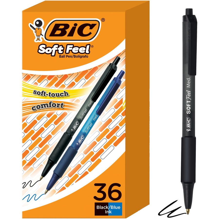 BIC Soft Feel Retractable Ball Point Pen Medium, Assorted - Retractable - Assorted Ink - 36 / Box