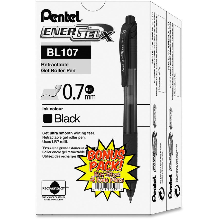 EnerGel EnerGel-X Retractable Gel Pens - Refillable - Retractable - Black Ink - Gel-based - Black Barrel - Metal Tip - 24 / Pack