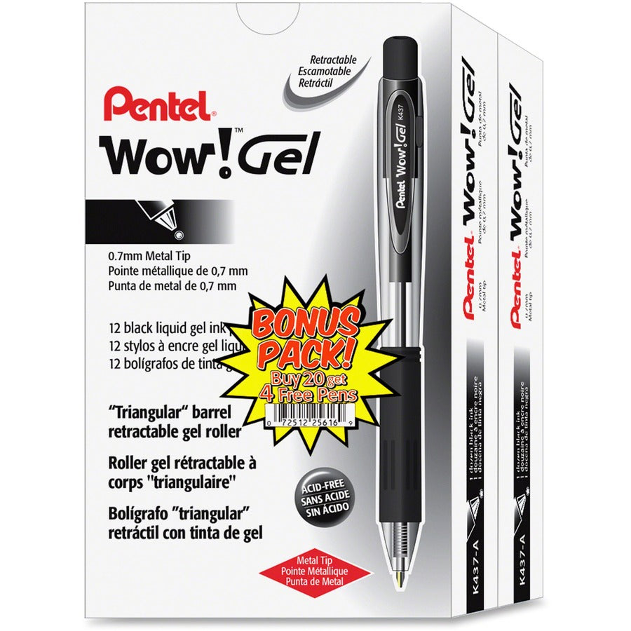 Pentel Wow! Gel Pens - Retractable - Black Ink - Gel-based - Transparent Black Barrel - 24 / Pack