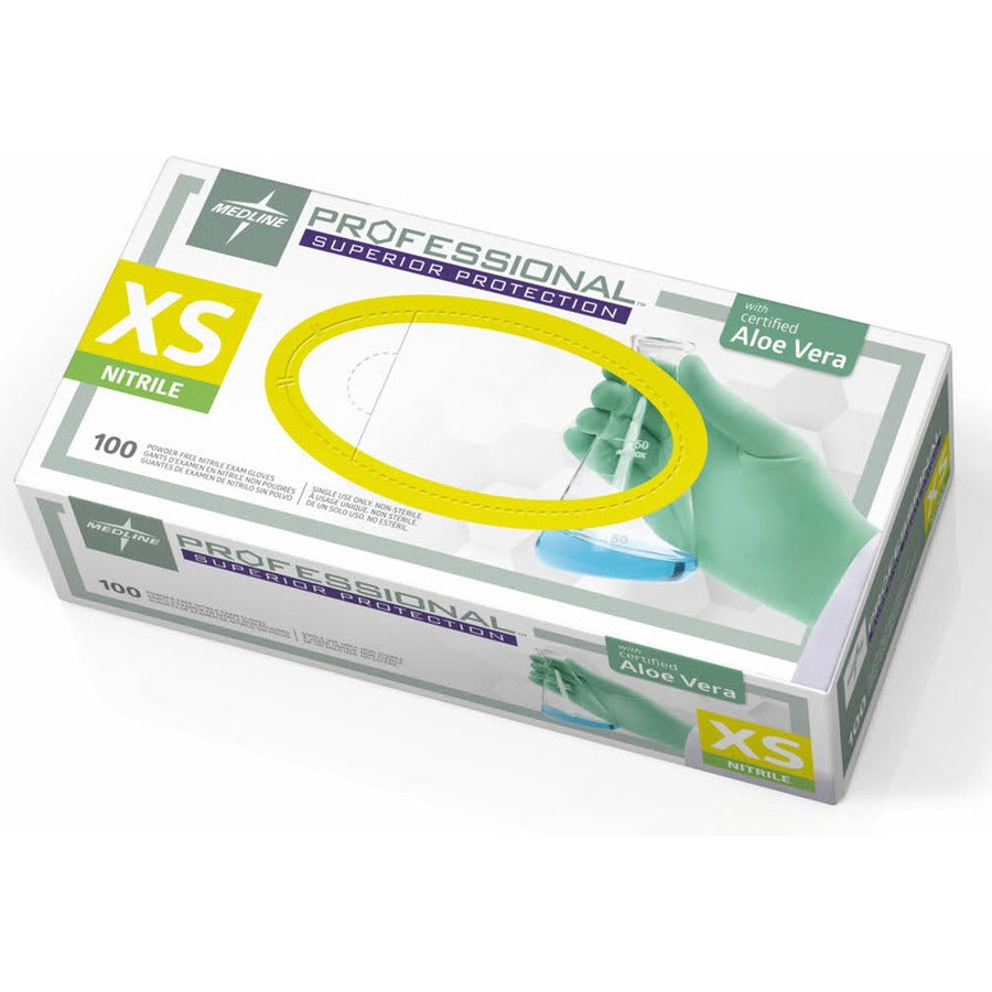 Medline Professional Series Aloetouch Gloves - 5.9 mil Thickness x 9.50" Glove Length - X-Small Size - Green - Latex-free, Non-sterile, Textured - For Laboratory Application - 100 / Box