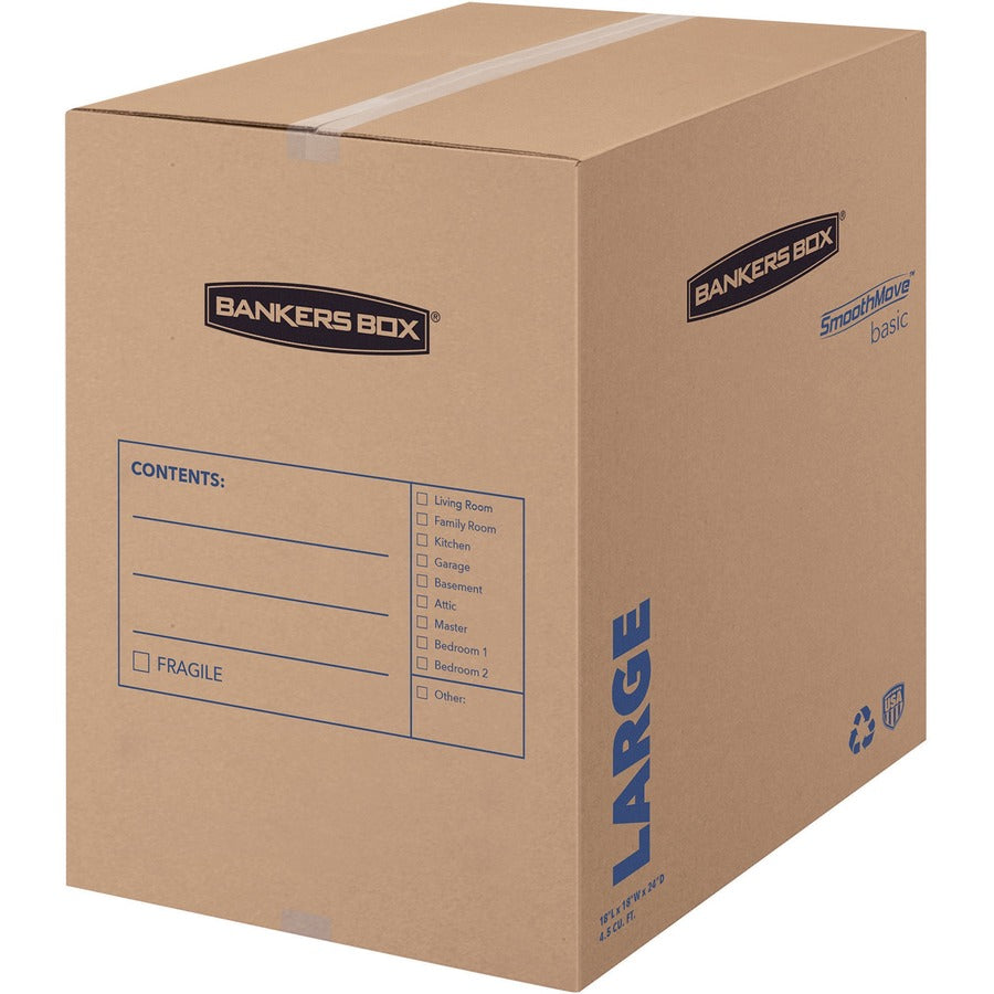 Bankers Box SmoothMove Basic Large Moving Boxes - Internal Dimensions: 18" Width x 18" Depth x 24" Height - External Dimensions: 18.3" Width x 18.3" Depth x 24.8" Height - Kraft, Black - 15 / Carton