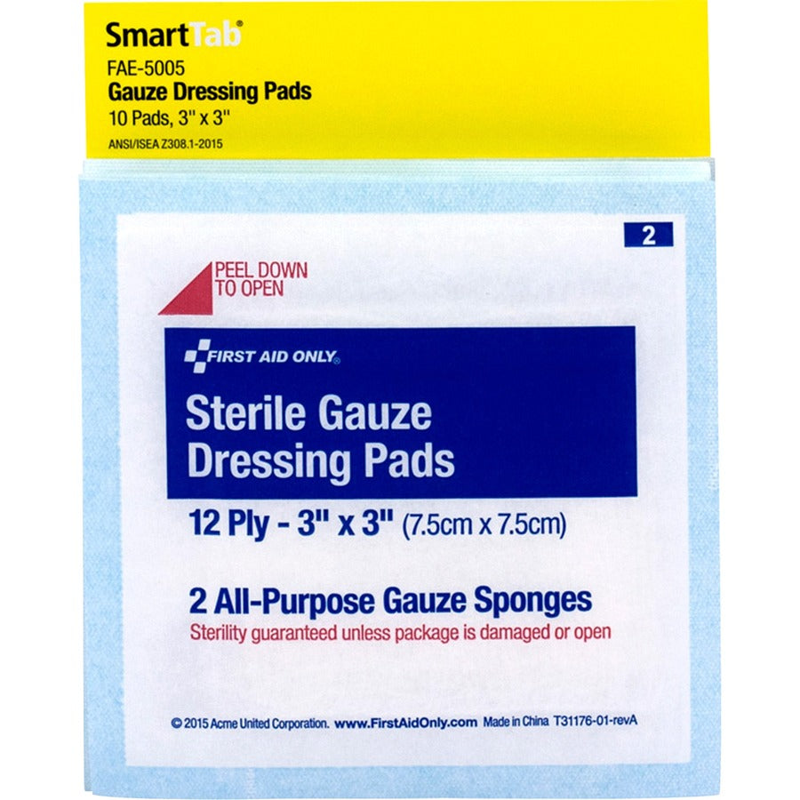 First Aid Only Sterile Gauze Dressing Pads - 12 Ply - 3" Width x 3" Length - White - 5 / Pack