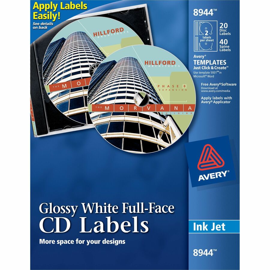 Avery®, Optical Disc Label - Permanent Adhesive - Inkjet, Laser - Glossy - Glossy White - Paper - 2 / Sheet - 10 Total Sheets - 20 Total Label(s) - 20 / Pack