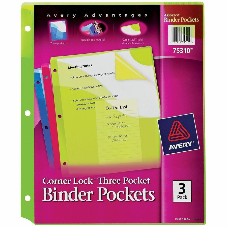 Avery®, Corner Lock Binder Pockets, Assorted, 3ct (75310) - 20 x Page, Paper, Photograph, Document Capacity - For Letter 8 1/2" x 11" Sheet - 3 x Holes - Ring Binder - Rectangular - Blue, Green, Pink - Polypropylene, Plastic - 3 / Pack