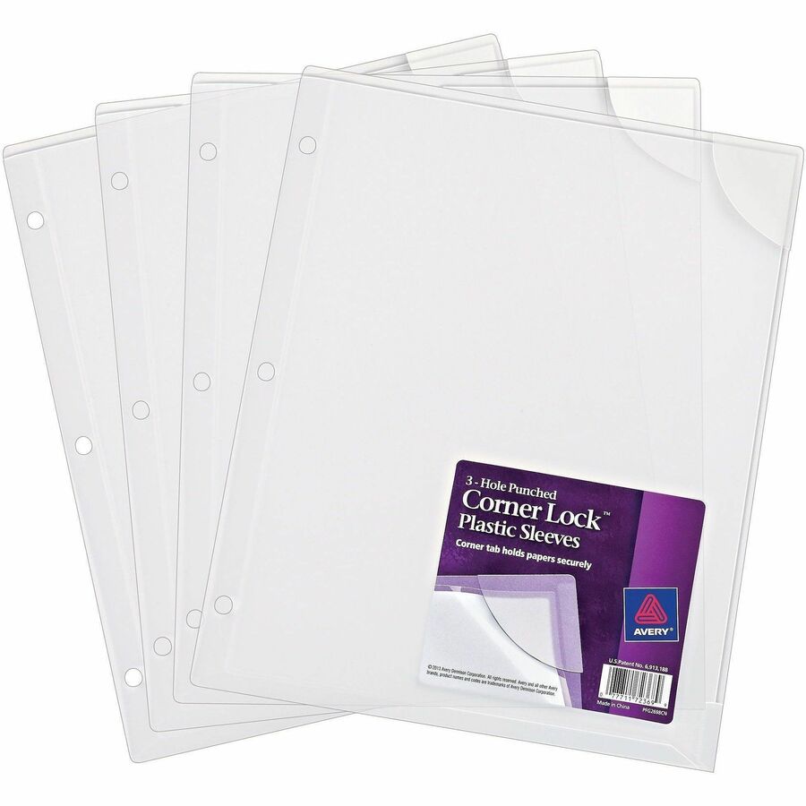 Avery®, Corner Lock Plastic Sleeves, Clear, Pack of 4 (72269) - 20 x Sheet Capacity - For Letter 8 1/2" x 11" Sheet - 3 x Holes - Ring Binder - Clear - Polypropylene, Plastic - 4 / Pack