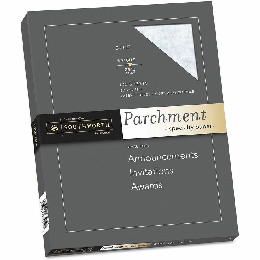 Southworth Parchment Specialty Paper - Blue - Letter - 8 1/2" x 11" - 24 lb Basis Weight - Parchment - Acid-free, Lignin-free, Non-yellowing - Blue - 100 / Box