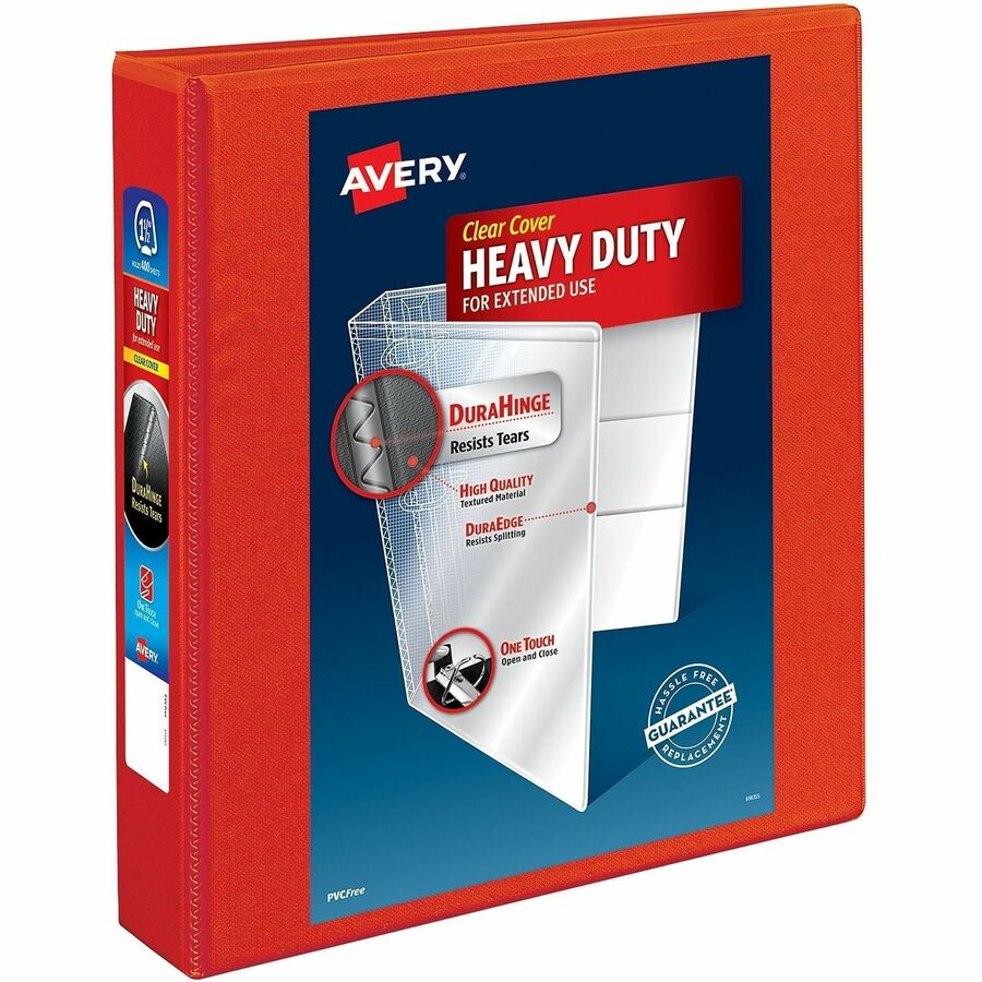 Avery®, Heavy-Duty View 3 Ring Binder - 1 1/2" Binder Capacity - Letter - 8 1/2" x 11" Sheet Size - 400 Sheet Capacity - 400 x 1.50" Ring - Fastener: Ring - Pocket: 4, Internal - Polypropylene - Red - Adhesive, Clear Overlay, Heavy Duty, Locking Rin...