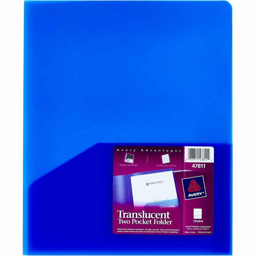 Avery®, Letter Pocket Folder - 8 1/2" x 11" - 20 Sheets Capacity - 2 Internal Pocket - Blue - Translucent, Lightweight, Water Resistant, Flexible, PVC-free, Durable - 1 Each