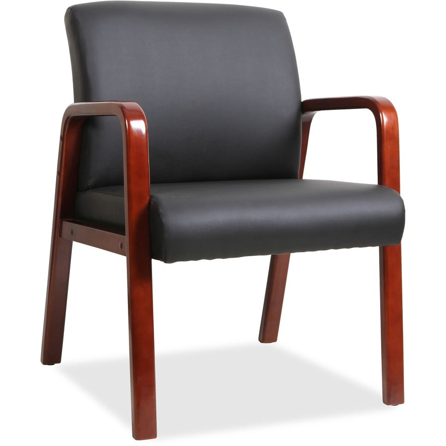 Lorell Upholstered Guest Chair - Black Seat Color - Bonded Leather Seat Material - Black Back Color - Bonded Leather Back Material - Mahogany Frame Color - Solid Wood Frame Material - Four-legged Base - Armrest - 1 Each