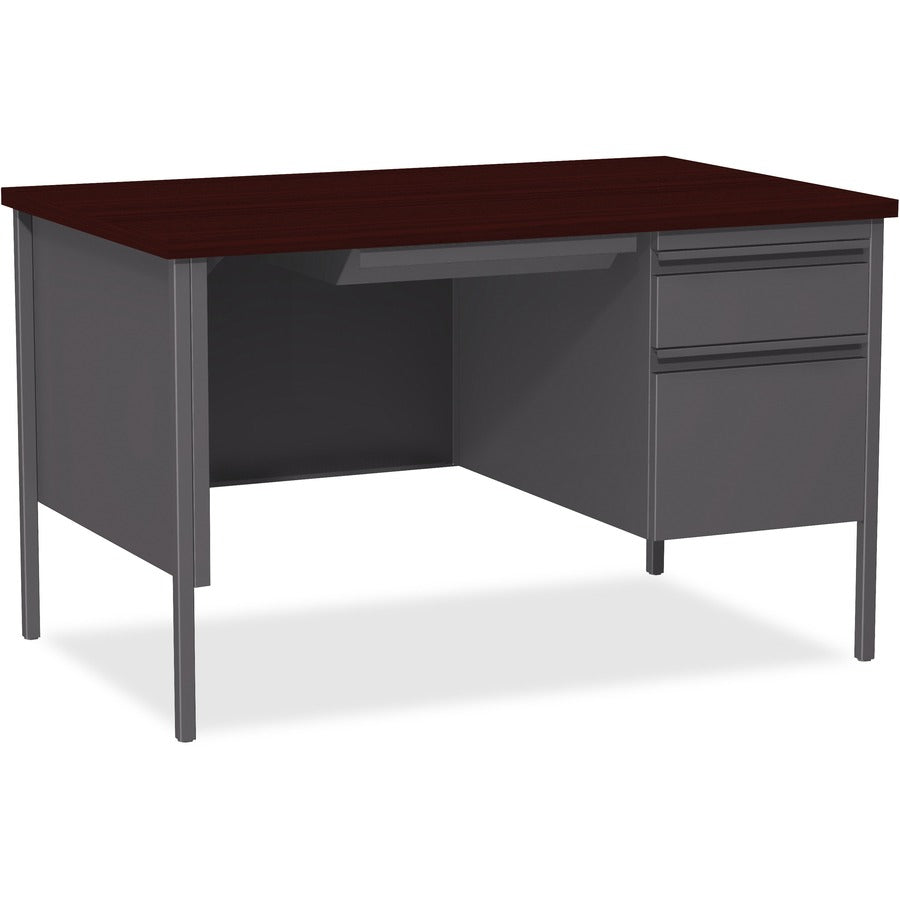 Lorell Fortress Series 48" Right Single-Pedestal Desk - Laminated Rectangle, Mahogany Top - 30" Table Top Length x 48" Table Top Width x 1.13" Table Top Thickness - 29.50" Height - Business Environment, Educational Environment, Office - Assembly Requir...