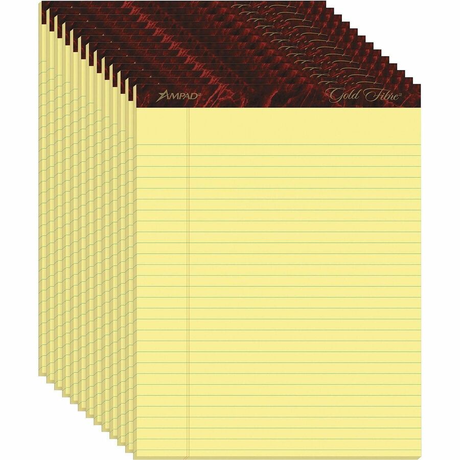 Ampad Gold Fibre Premium Rule Writing Pads - Letter - 50 Sheets - Watermark - Stapled/Glued - 0.34" Ruled - 16 lb Basis Weight - Letter - 8 1/2" x 11 3/4" Sheet Size - Yellow Paper - Bleed-free, Micro Perforated, Chipboard Backing - 12 / Dozen