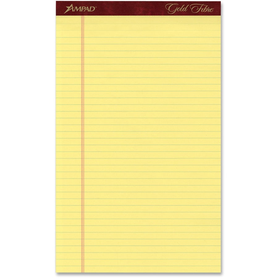 TOPS Gold Fibre Premium Rule Writing Pads - Legal - 50 Sheets - Watermark - Stapled/Glued - 0.34" Ruled - 16 lb Basis Weight - Legal - 8 1/2" x 14" Sheet Size - Yellow Paper - Bleed-free, Chipboard Backing, Micro Perforated - 12 / Pack