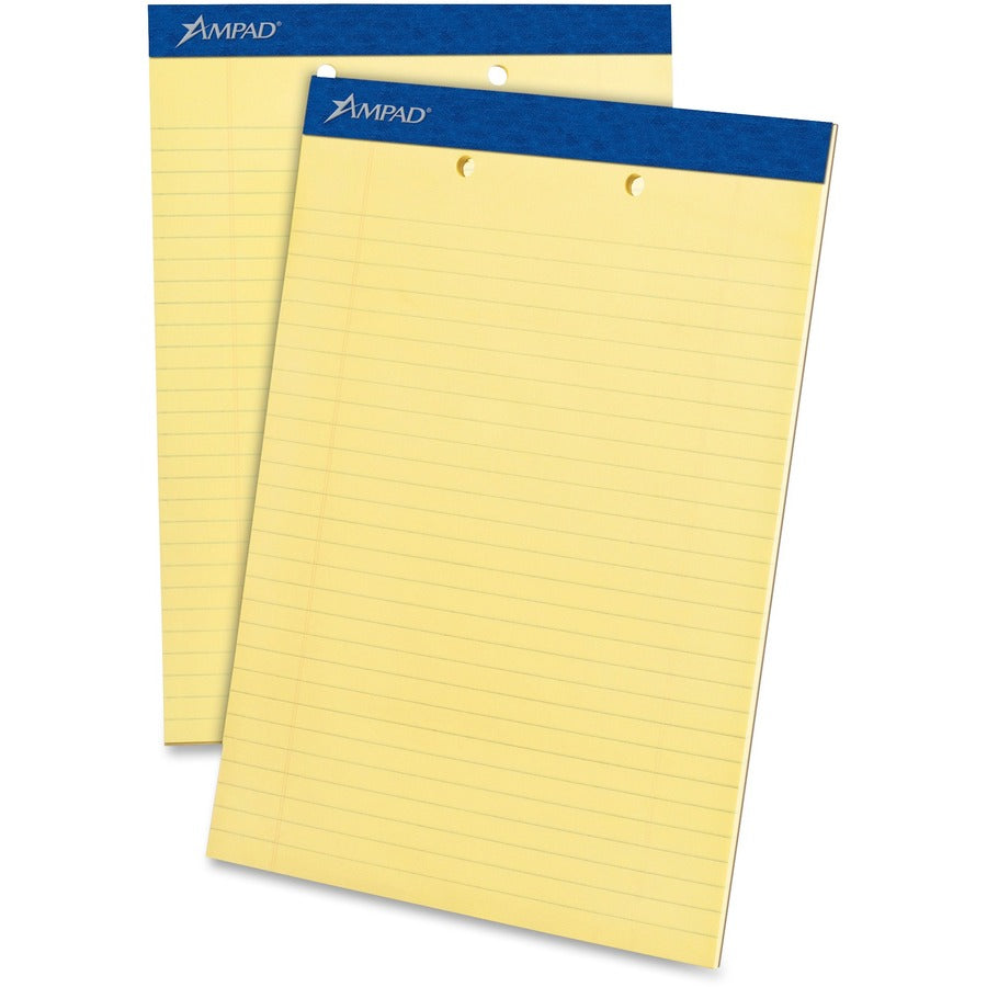 Ampad Writing Pad - 50 Sheets - Stapled - 0.34" Ruled - 15 lb Basis Weight - Letter - 8 1/2" x 11" Sheet Size x 8.5" Width x 11.8" Length - Canary Yellow Paper - Dark Blue Binding - Micro Perforated, Sturdy Back, Chipboard Backing, Tear Resistant - 12...