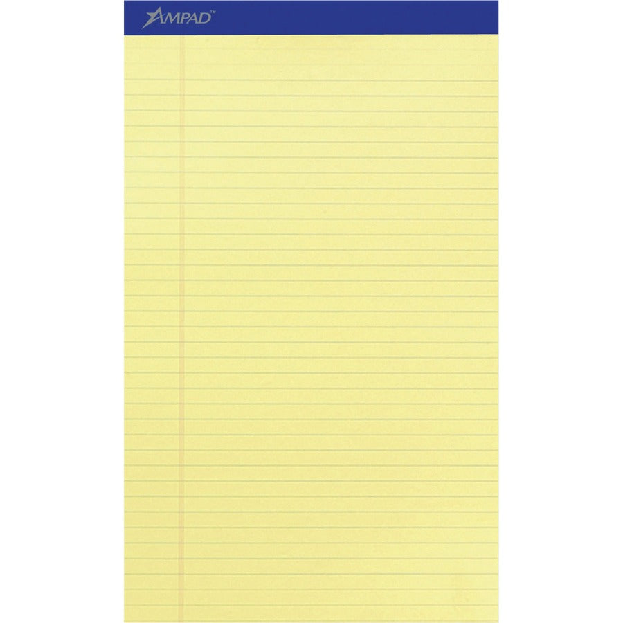 Ampad Writing Pad - 50 Sheets - Stapled - 0.34" Ruled - 15 lb Basis Weight - Legal - 8 1/2" x 14" Sheet Size - Canary Yellow Paper - Dark Blue Binding - Perforated, Sturdy Back, Chipboard Backing, Tear Resistant - 12 / Dozen
