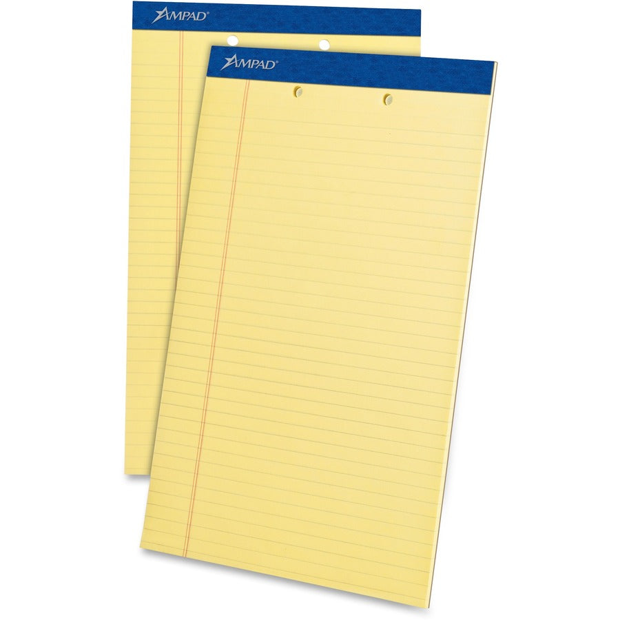 Ampad Writing Pad - 50 Sheets - Stapled - 0.34" Ruled - 2 Hole(s) - 15 lb Basis Weight - Legal - 8 1/2" x 14" Sheet Size - Canary Yellow Paper - Dark Blue Binding - Perforated, Sturdy Back, Chipboard Backing, Tear Resistant - 12 / Dozen