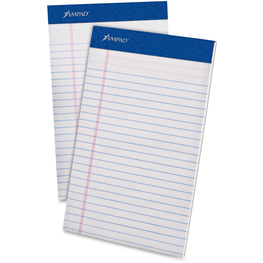Ampad Perforated Ruled Pads - 50 Sheets - Stapled - 0.28" Ruled - 20 lb Basis Weight - 5" x 8" Sheet Size - White Paper - White Cover - Sturdy Back, Header Strip, Micro Perforated, Chipboard Backing - 12 / Dozen