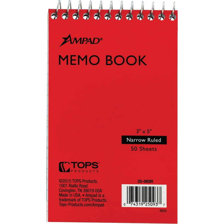 Ampad Topbound Memo Notebook - 50 Sheets - Wire Bound - 3" x 5" Sheet Size - White Paper - Assorted Pressboard Cover - Mediumweight, Rigid - 1 Each