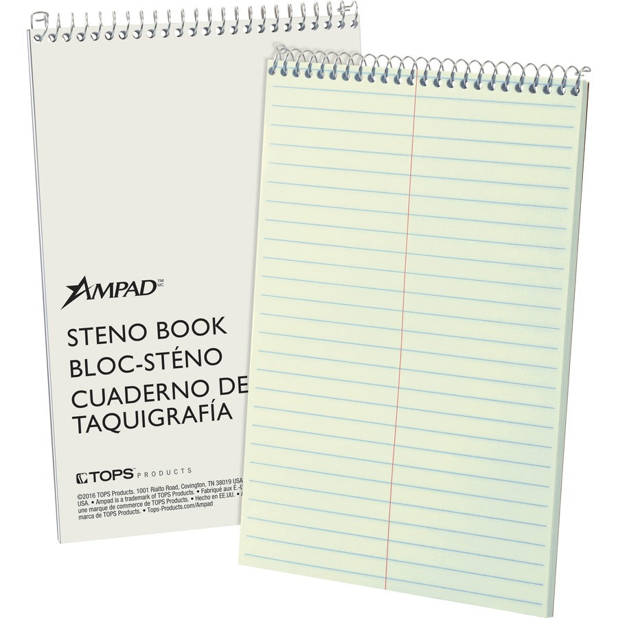Ampad Kraft Cover Steno Book - 60 Sheets - Wire Bound - Front Ruling Surface - 0.34" Ruled - Gregg Ruled Margin - 15 lb Basis Weight - 6" x 9" Sheet Size - Green Tint Paper - Kraft Cover - Chipboard Backing, Rigid, WireLock, Snag Resistant, Sturdy Cove...