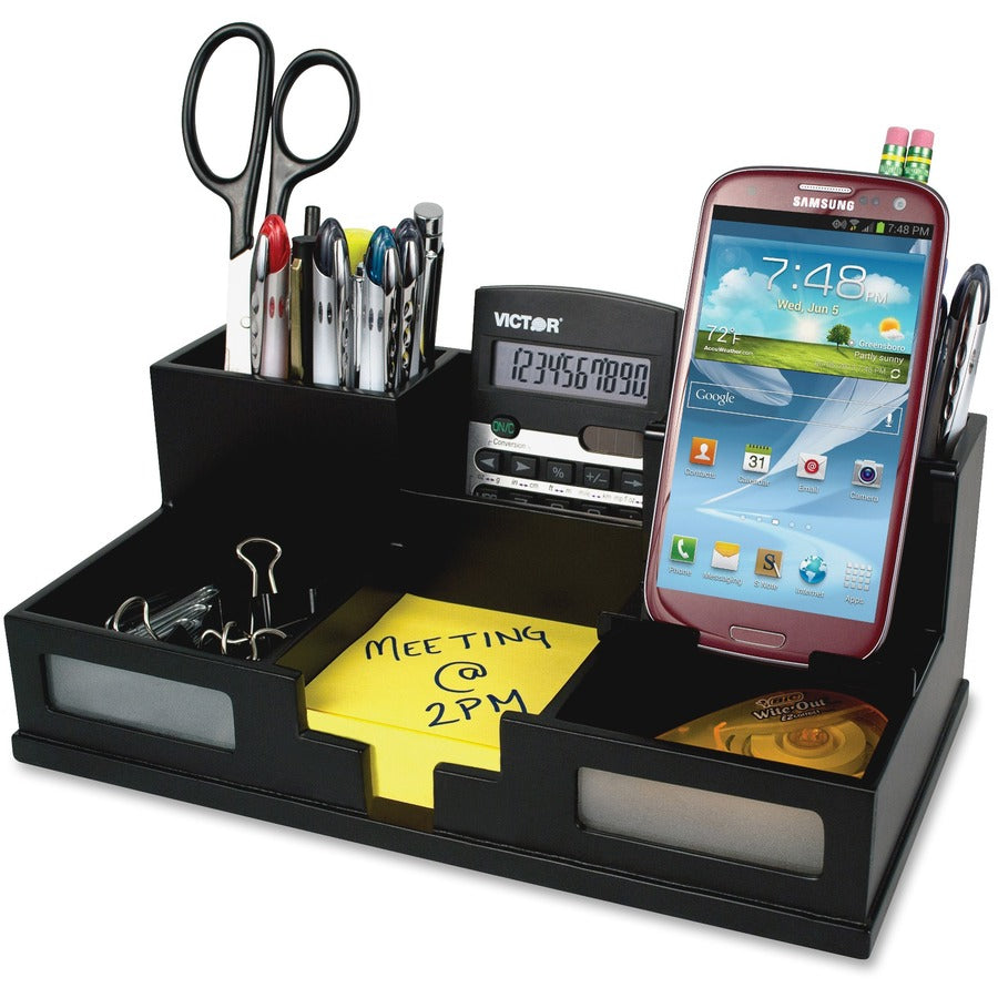 Victor Phone Holder Desk Organizer - 6 Compartment(s) - 4" Height x 5.50" Width x 10.40" Depth - Cell Phone Holder, Sturdy, Durable, Non-slip Feet, Scuff-free, Scratch Resistant - Matte Black - Black - Frosted Glass, Wood, Rubber - 1 Each