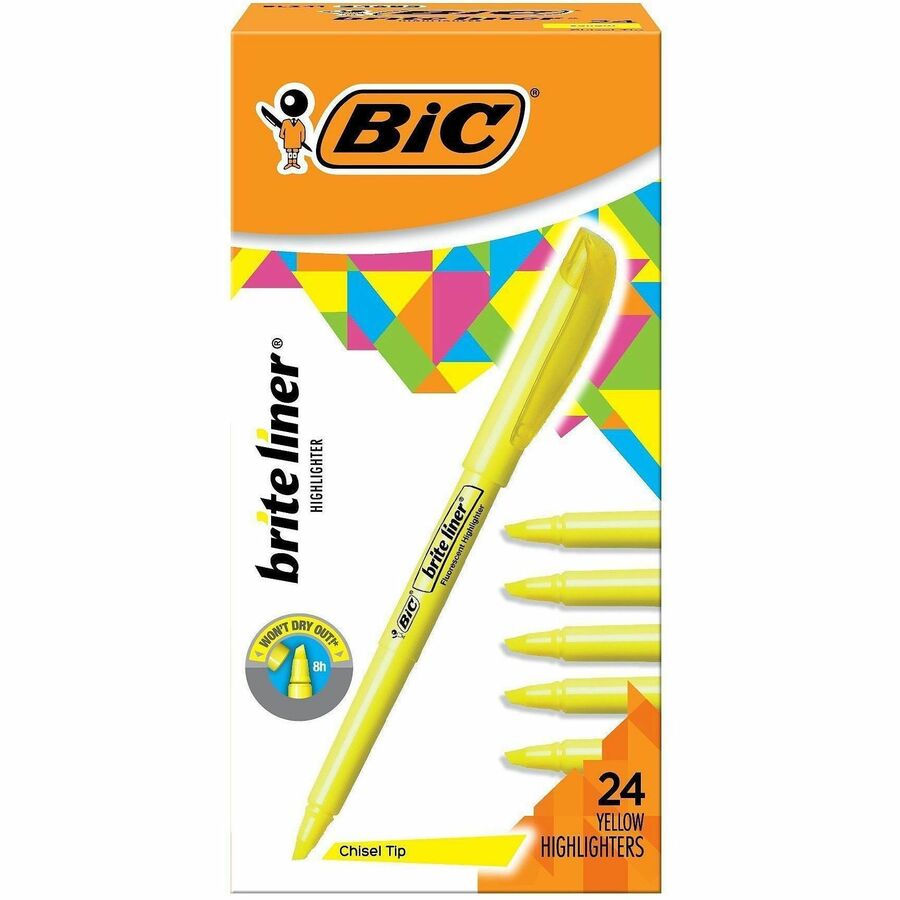 BIC Brite Liner Highlighters - Fluorescent Yellow Ink - Water Based - 1 Box