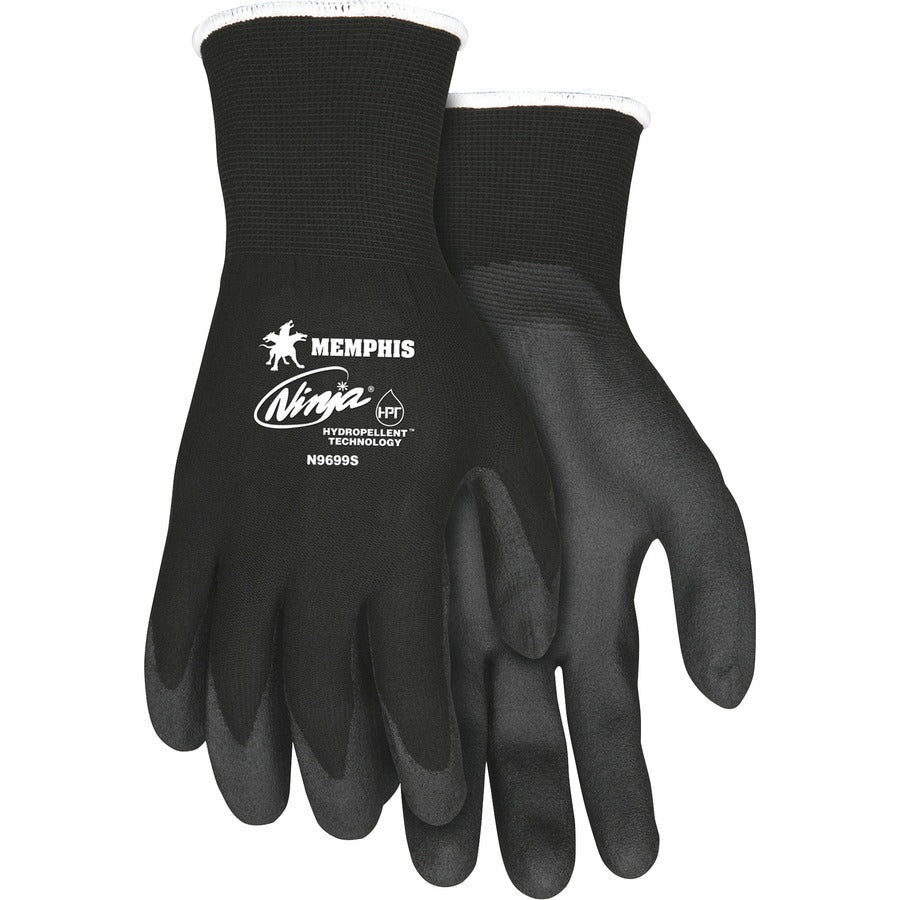 MCR Safety Ninja HPT Nylon Safety Gloves - Small Size - Black - Anti-bacterial - For Landscape, Material Handling - 1 Pair