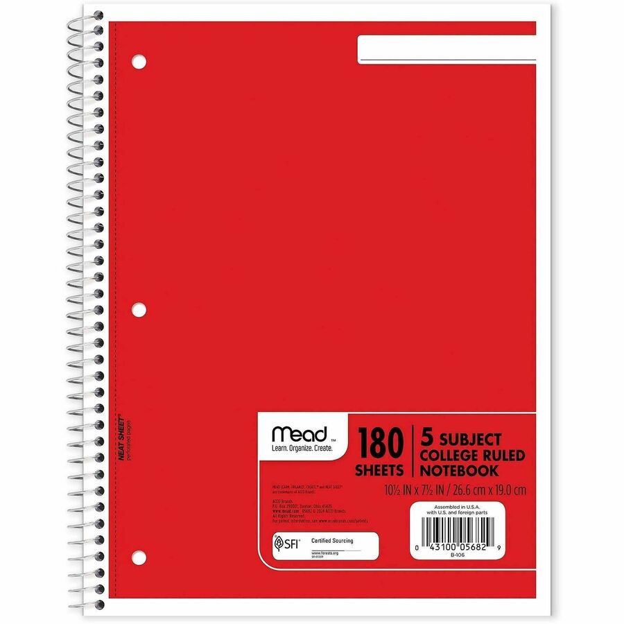 Mead 5-subject Spiral Notebook - 180 Sheets - Wire Bound - College Ruled Front Ruling - 7 1/2" x 10 1/2" Sheet Size - White Paper - Blue, Green, Red Cover - Divider, Compact, Subject - 1 Each