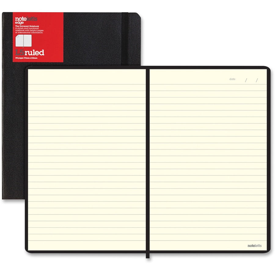Letts L5 Ruled Notebook - Sewn x 9" Width x 6" Length - Black Cover - Elastic Closure, Flexible Cover, Pocket - 1 Each