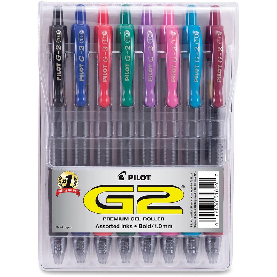 G2 8-Pack Bold Gel Roller Pens - Retractable - Black, Blue, Burgundy, Green, Pink, Purple, Red, Teal Ink - Gel-based - Clear Barrel - 8 / Pack