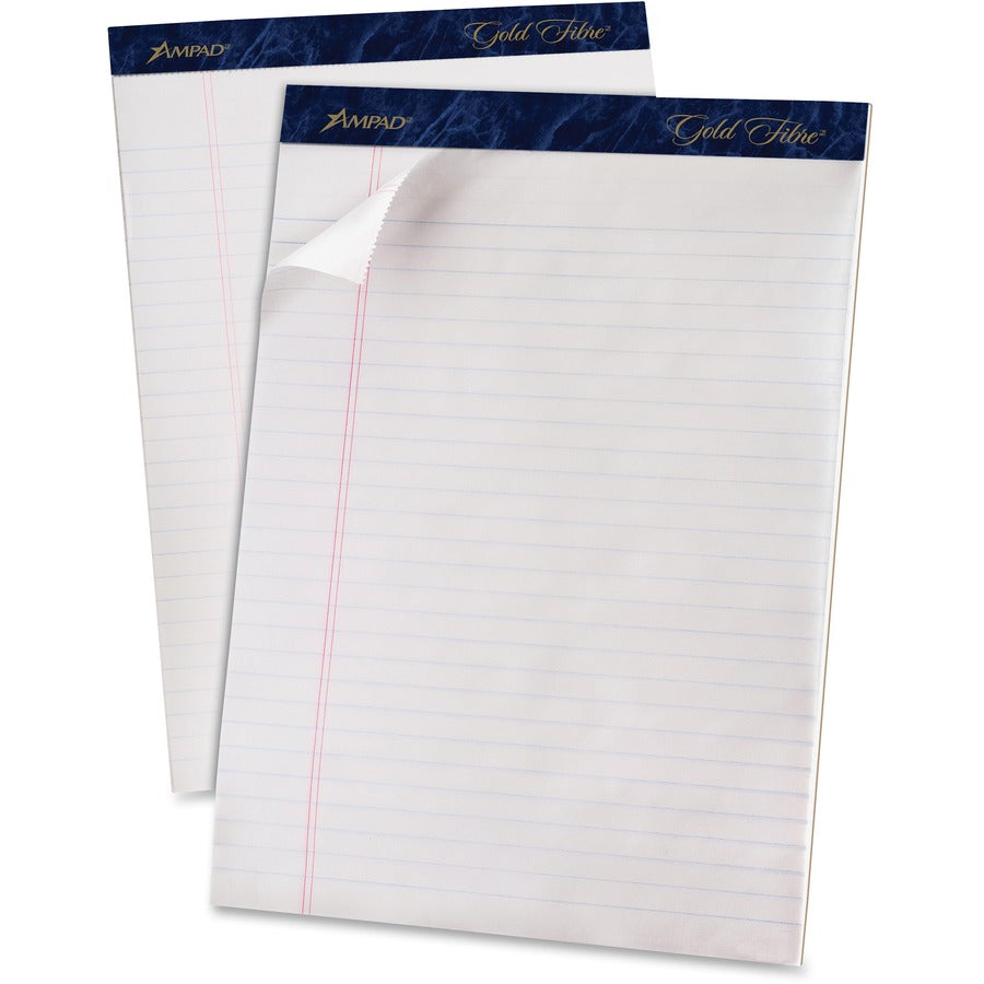 TOPS Gold Fibre Ruled Perforated Writing Pads - Letter - 50 Sheets - Watermark - Stapled/Glued - Front Ruling Surface - 0.34" Ruled - Ruled Margin - 20 lb Basis Weight - Letter - 8 1/2" x 11 3/4" Sheet Size - White Paper - Dark Blue Binding - Micro Per...