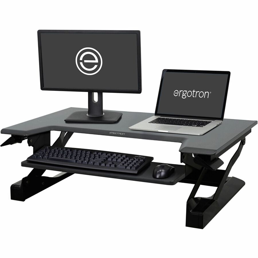 Ergotron WorkFit-T, Standing Desk Workstation (black with grey surface) - Gray Top - 35 lb Capacity - Height Adjustable - 35" Table Top Width x 23" Table Top Depth - Workstation, Monitor - Black - Metal - TAA Compliant