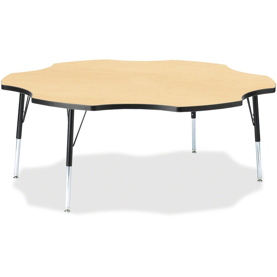 Jonti-Craft Berries Elementary Black Edge Six-leaf Table - Laminated, Maple Top - Four Leg Base - 4 Legs - Height Adjustable - 15" to 24" Adjustment x 1.13" Table Top Thickness x 60" Table Top Diameter - 24" Height - Educational Environment - Assembly...
