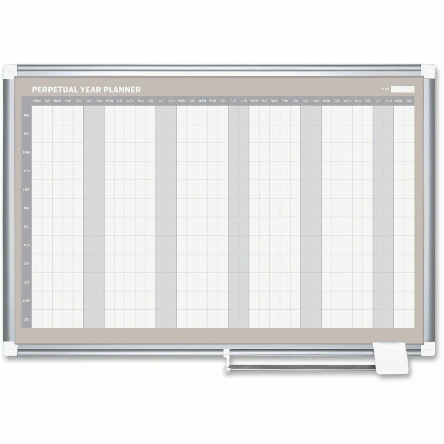 MasterVision Magnetic 12-Month Planner - Monthly - 12 Month - Silver Gray, White, Pale Gray - Aluminum, Lacquered Steel - 36" Height x 48" Width - 1 Each