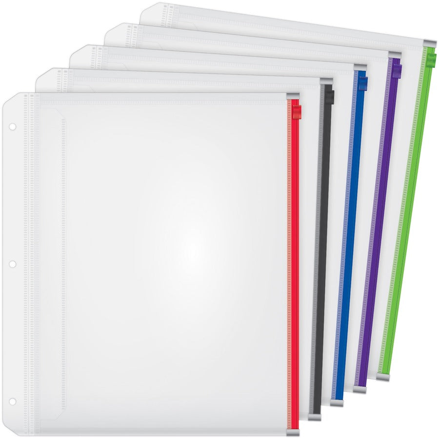 Cardinal®, Zipper Binder Pockets - 0.50" Maximum Capacity - 100 x Sheet Capacity - For Letter 8 1/2" x 11" Sheet - 3 x Holes - Ring Binder - Rectangular - Blue, Black, Red, Purple, Green - Poly - 5 / Pack