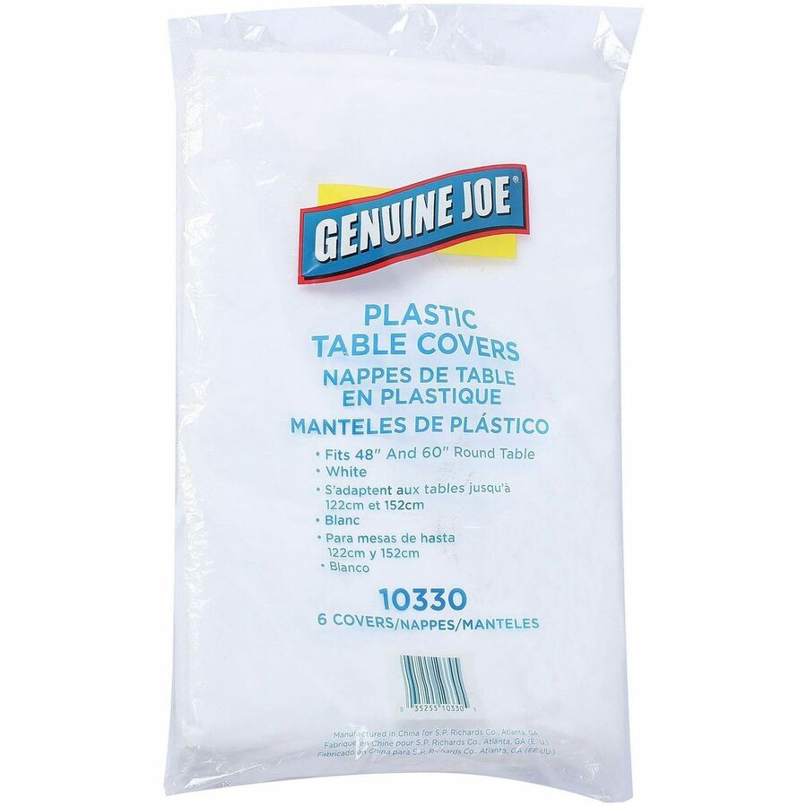 Genuine Joe Plastic Round Tablecovers - 84" Diameter - Plastic - White - 6/Pack - 4 / Carton