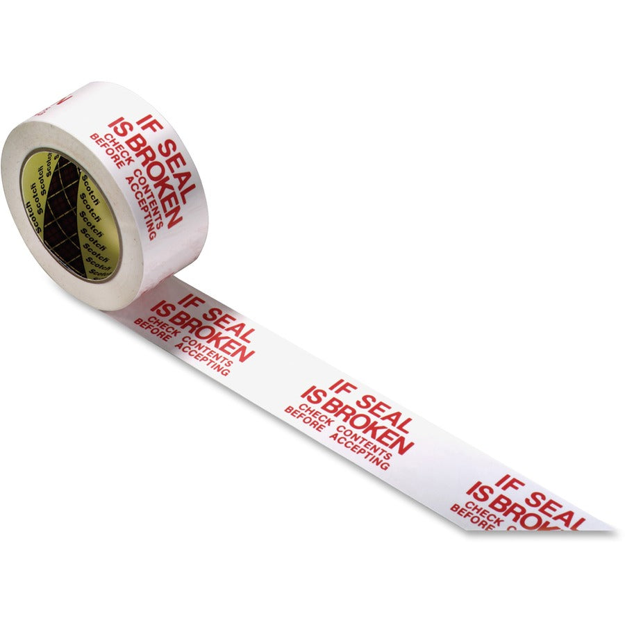 Scotch Preprinted Message Seal Broken Tape - 109.36 yd Length x 1.88" Width - 3" Core - White, Red - 1.20 mil - Polypropylene Film Backing - Abrasion Resistant, Moisture Resistant, Scuff Resistant, Nick Resistant, Chemical Resistant, Tear Resistant, Sp...
