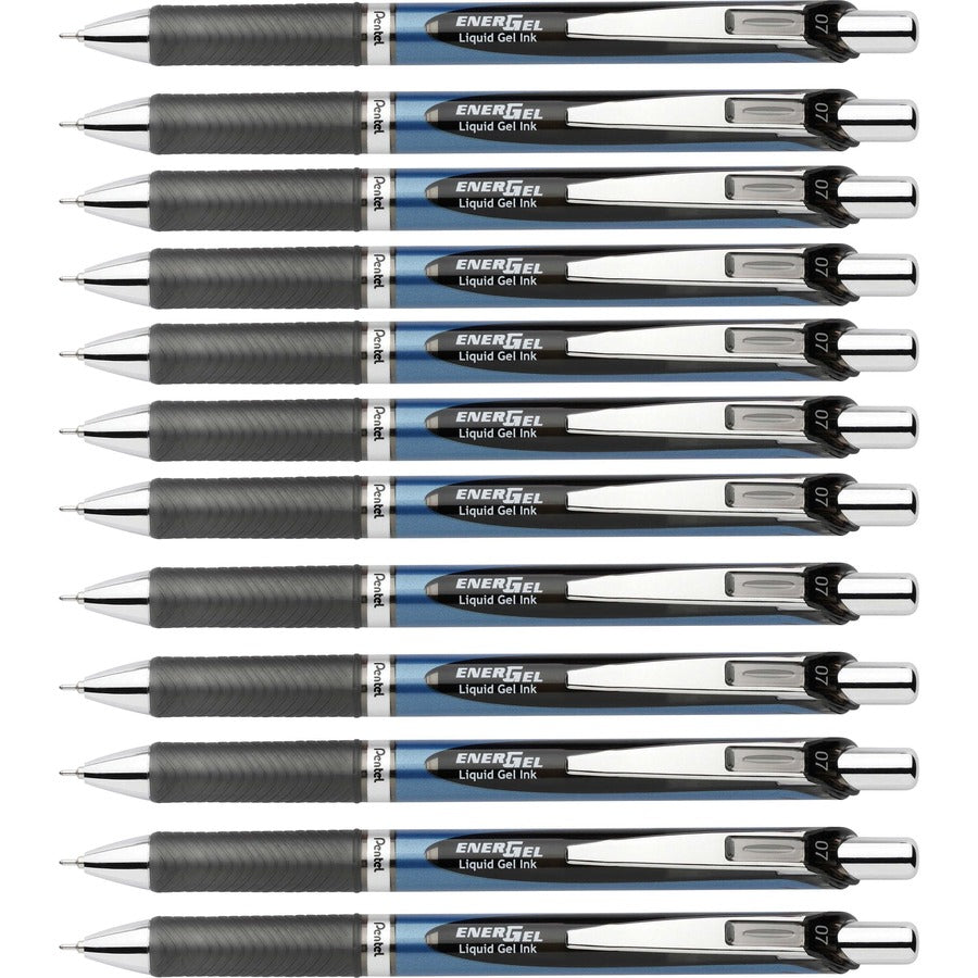 EnerGel EnerGel RTX Liquid Gel Pen - Refillable - Retractable - Black Ink - Gel-based - Black, Stainless Steel, Blue Barrel - Metal Tip - 12 / Dozen