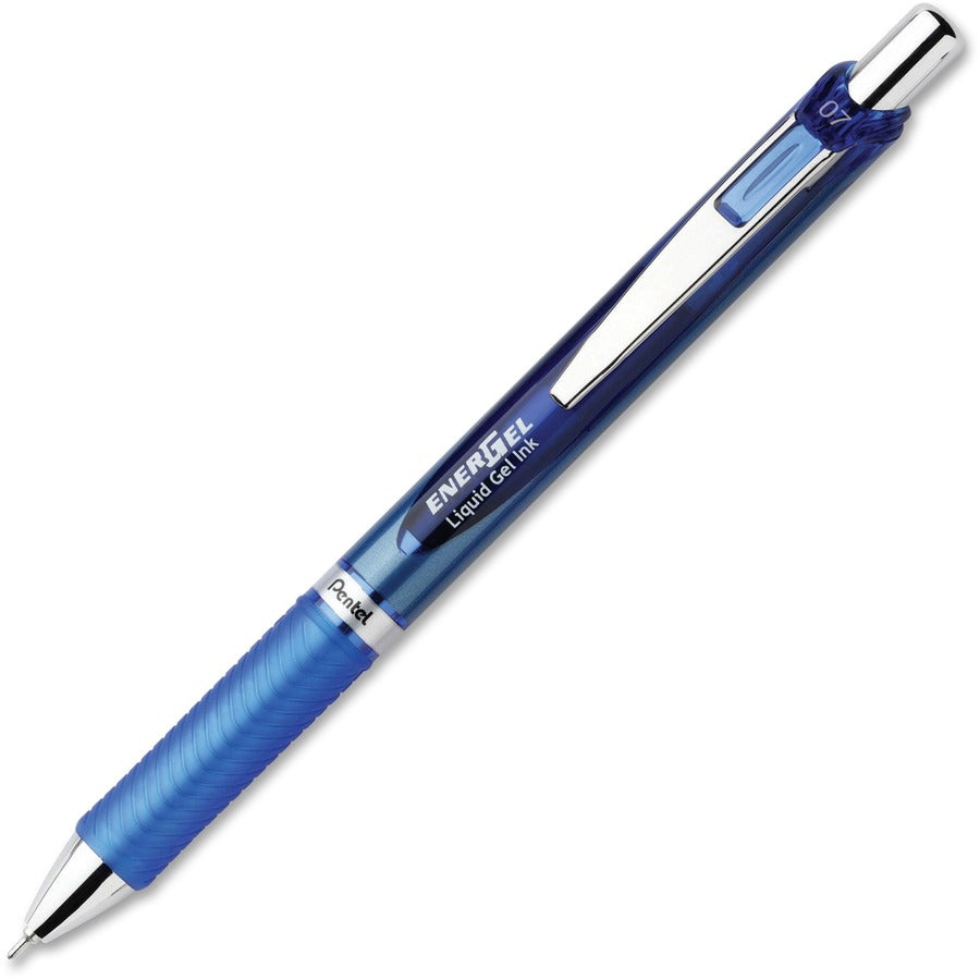 EnerGel EnerGel RTX Liquid Gel Pens - Refillable - Retractable - Blue Ink - Gel-based - Blue, Silver Barrel - Stainless Steel Tip - 12 / Dozen